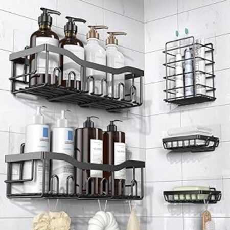 Drill-Free Black Shower Caddy Organizer Set (4-Piece Adhesive)